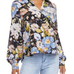 Karen Kane Kona Mandarin Top Size Large Floral Long Sleeve Black Multicolor NEW